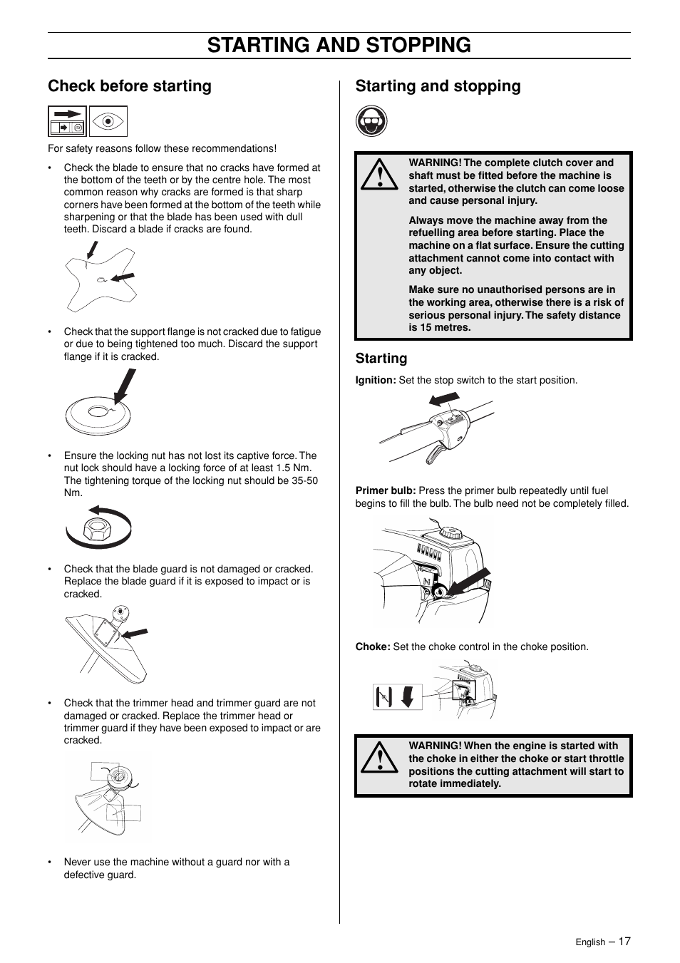 Check before starting, Starting and stopping, Starting | Husqvarna 326RJX-Series User Manual | Page 17 / 36