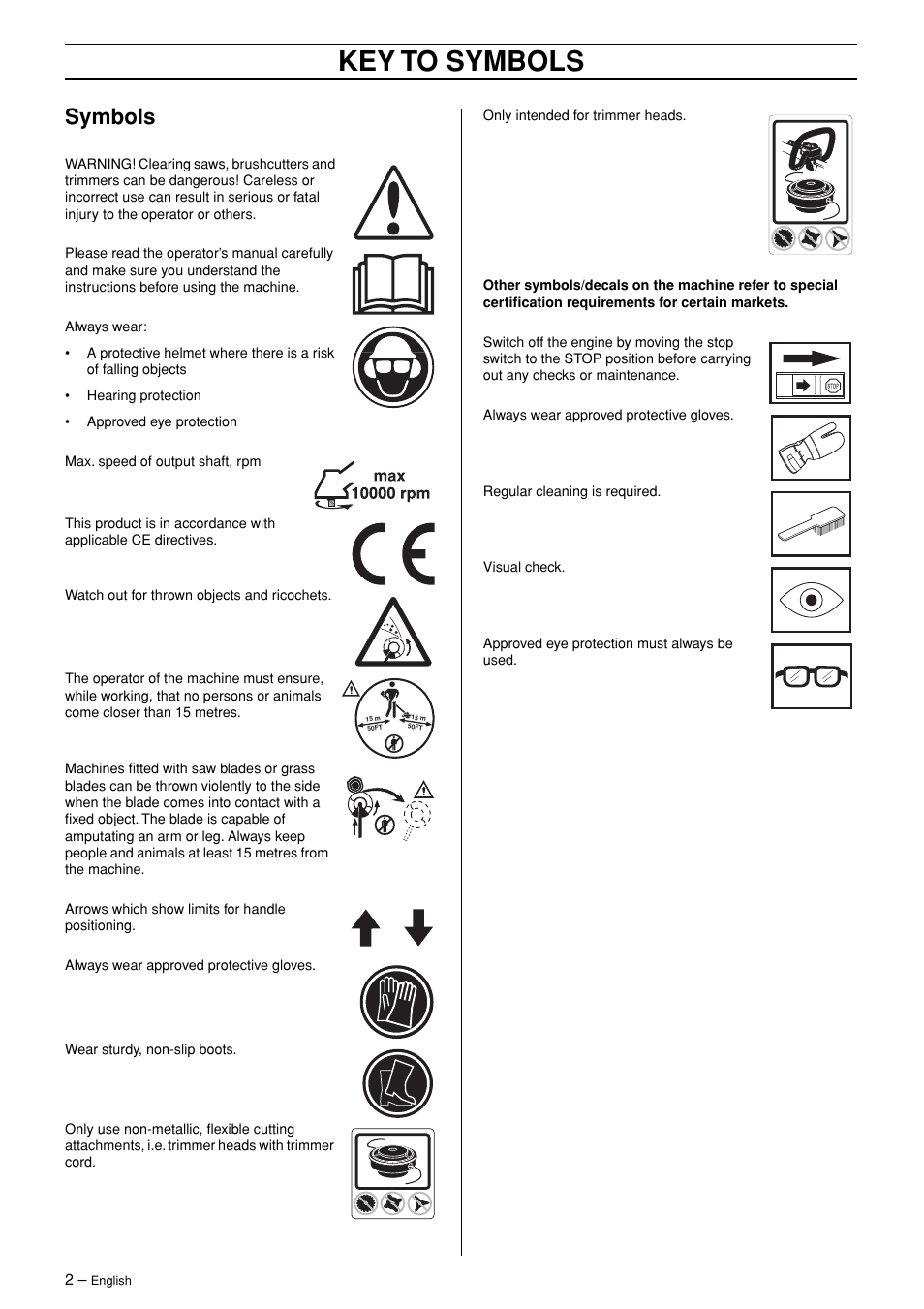 Symbols, Key to symbols | Husqvarna 326RJX-Series User Manual | Page 2 / 36