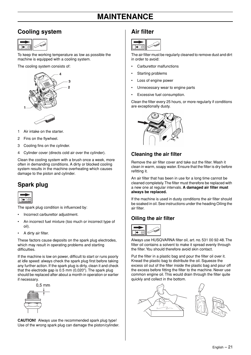 Cooling system, Spark plug, Air filter | Cleaning the air filter, Oiling the air filter, Maintenance | Husqvarna 326RJX-Series User Manual | Page 21 / 36