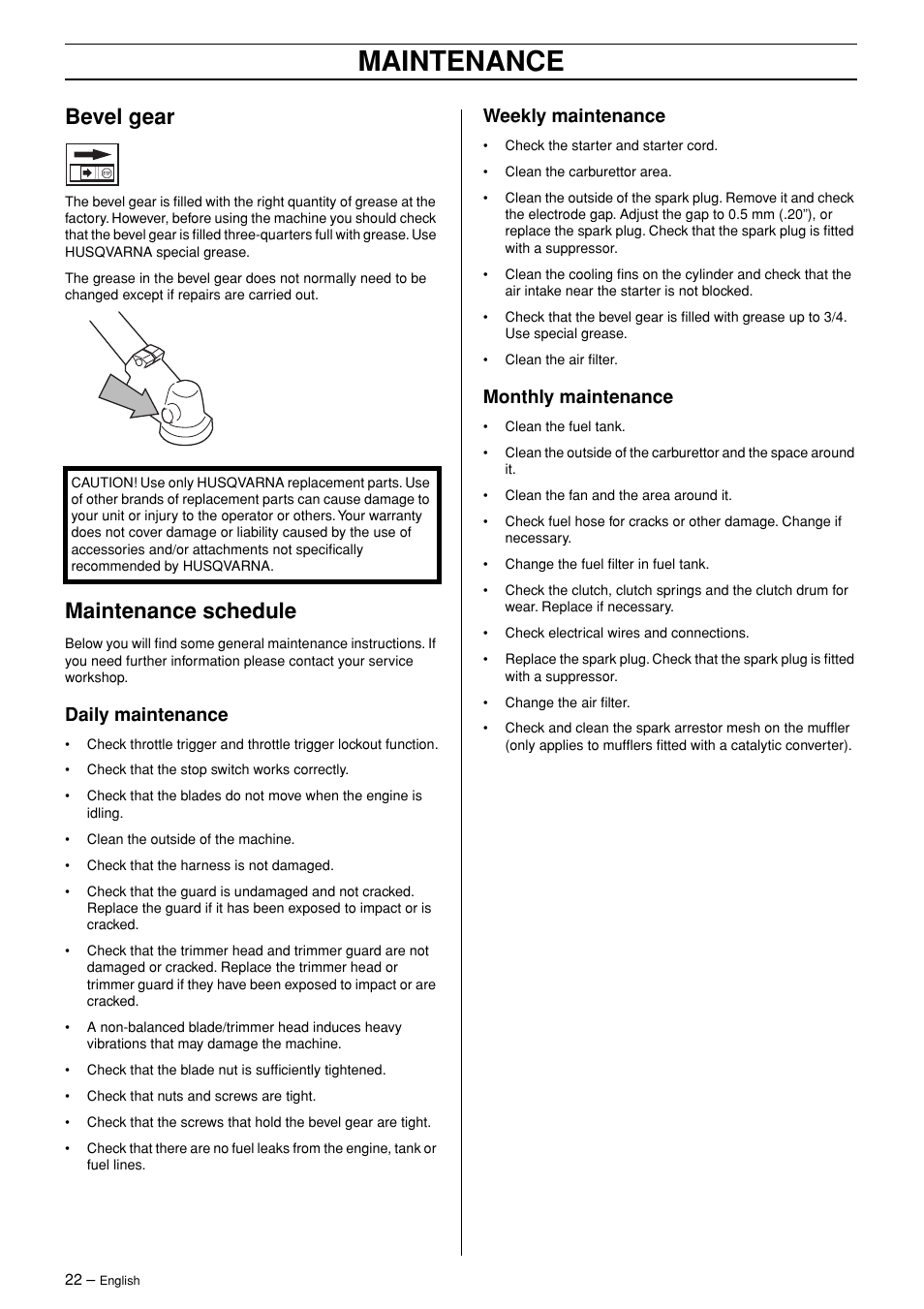 Bevel gear, Maintenance schedule, Daily maintenance | Weekly maintenance, Monthly maintenance, Maintenance | Husqvarna 326RJX-Series User Manual | Page 22 / 36