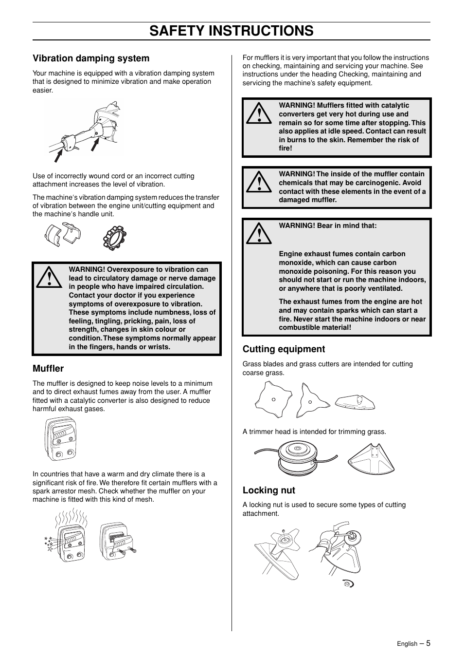 Vibration damping system, Muffler, Cutting equipment | Locking nut, Safety instructions | Husqvarna 326RJX-Series User Manual | Page 5 / 36