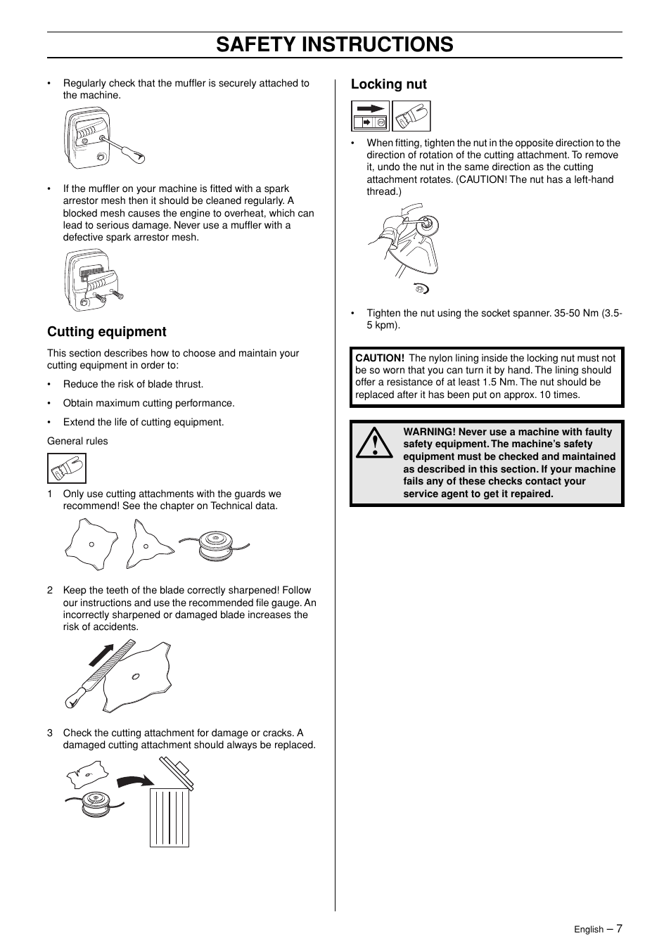 Cutting equipment, Locking nut, Safety instructions | Husqvarna 326RJX-Series User Manual | Page 7 / 36