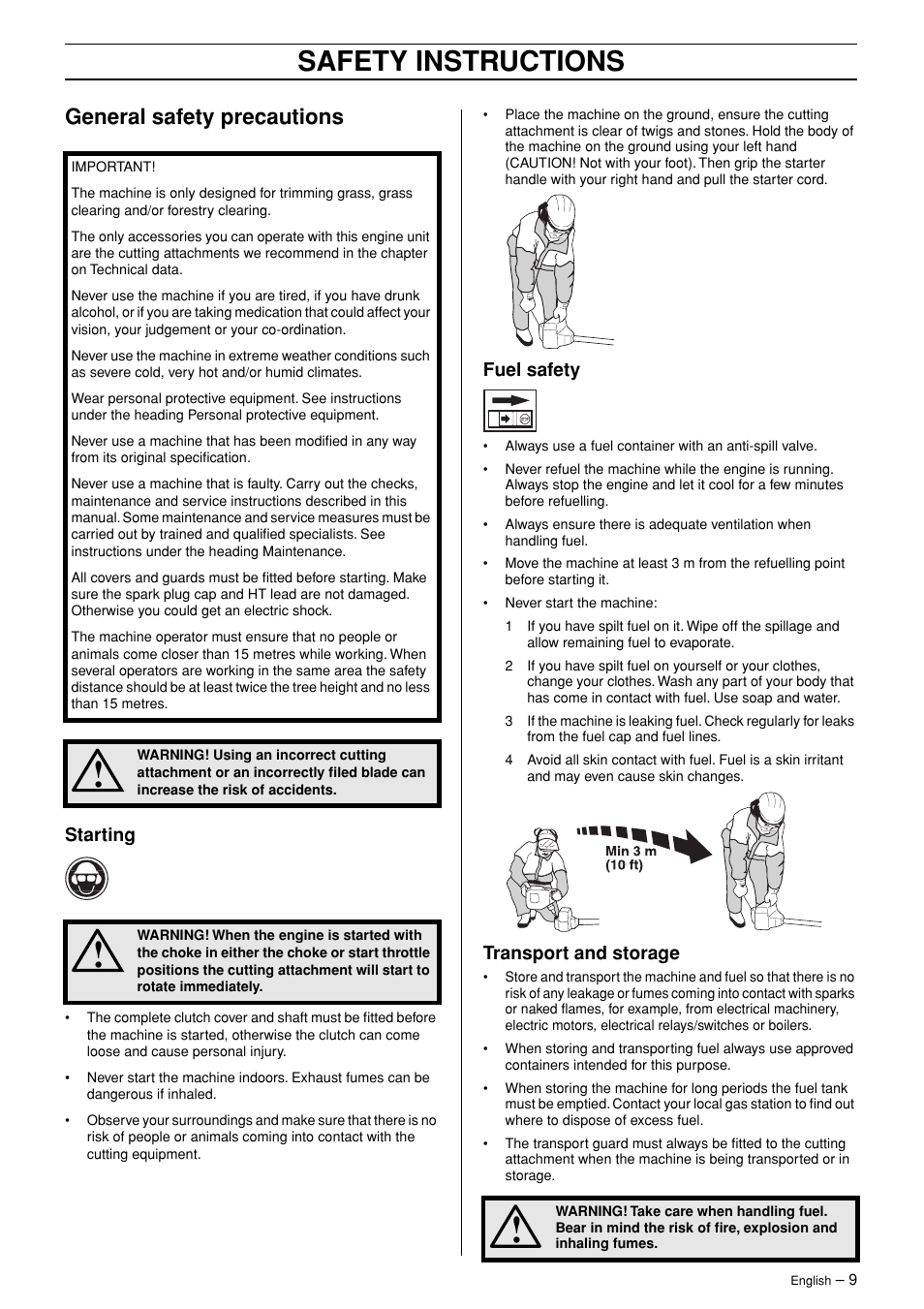 General safety precautions, Starting, Fuel safety | Transport and storage, Safety instructions | Husqvarna 326RJX-Series User Manual | Page 9 / 36