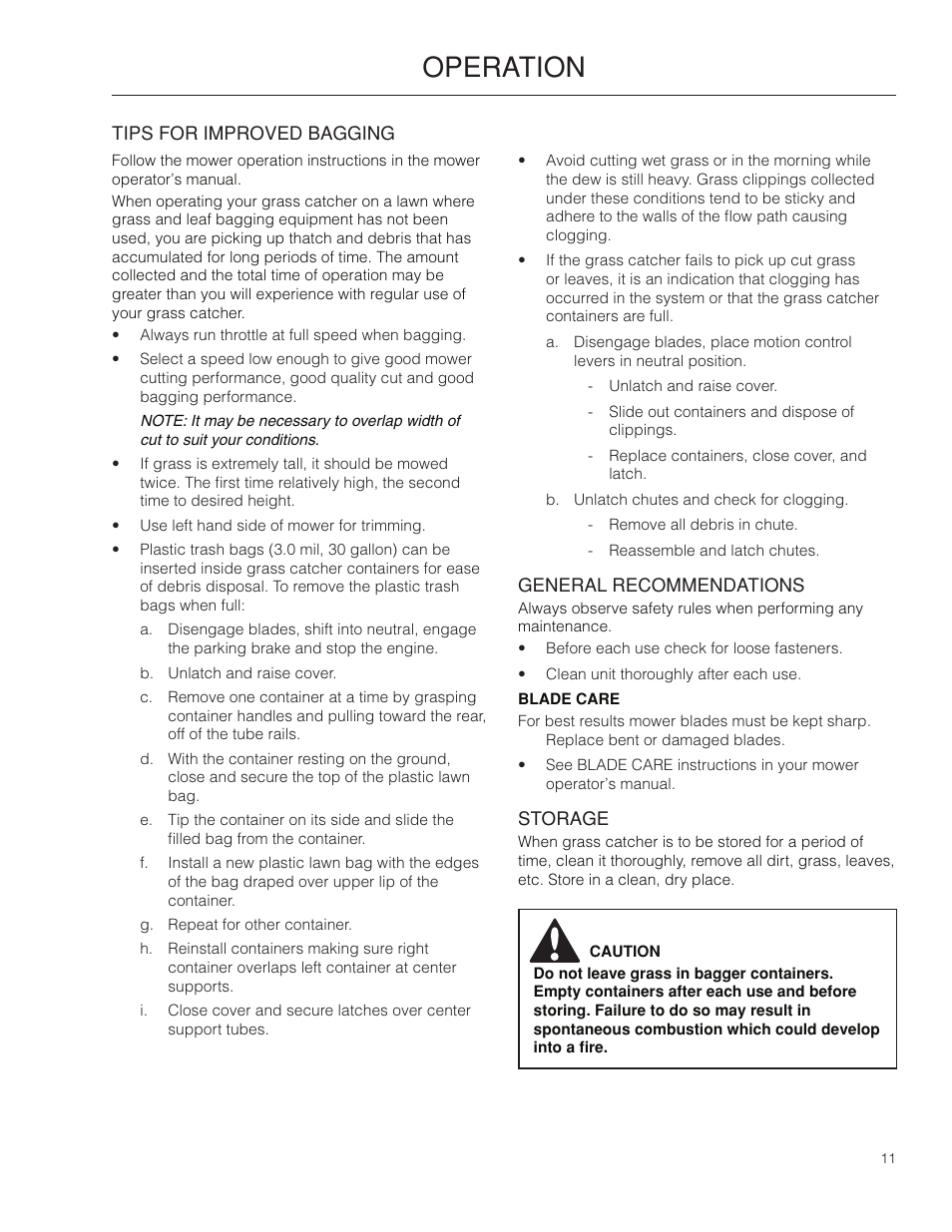 Operation, Tips for improved bagging, General recommendations | Storage | Husqvarna 966529103 User Manual | Page 11 / 20