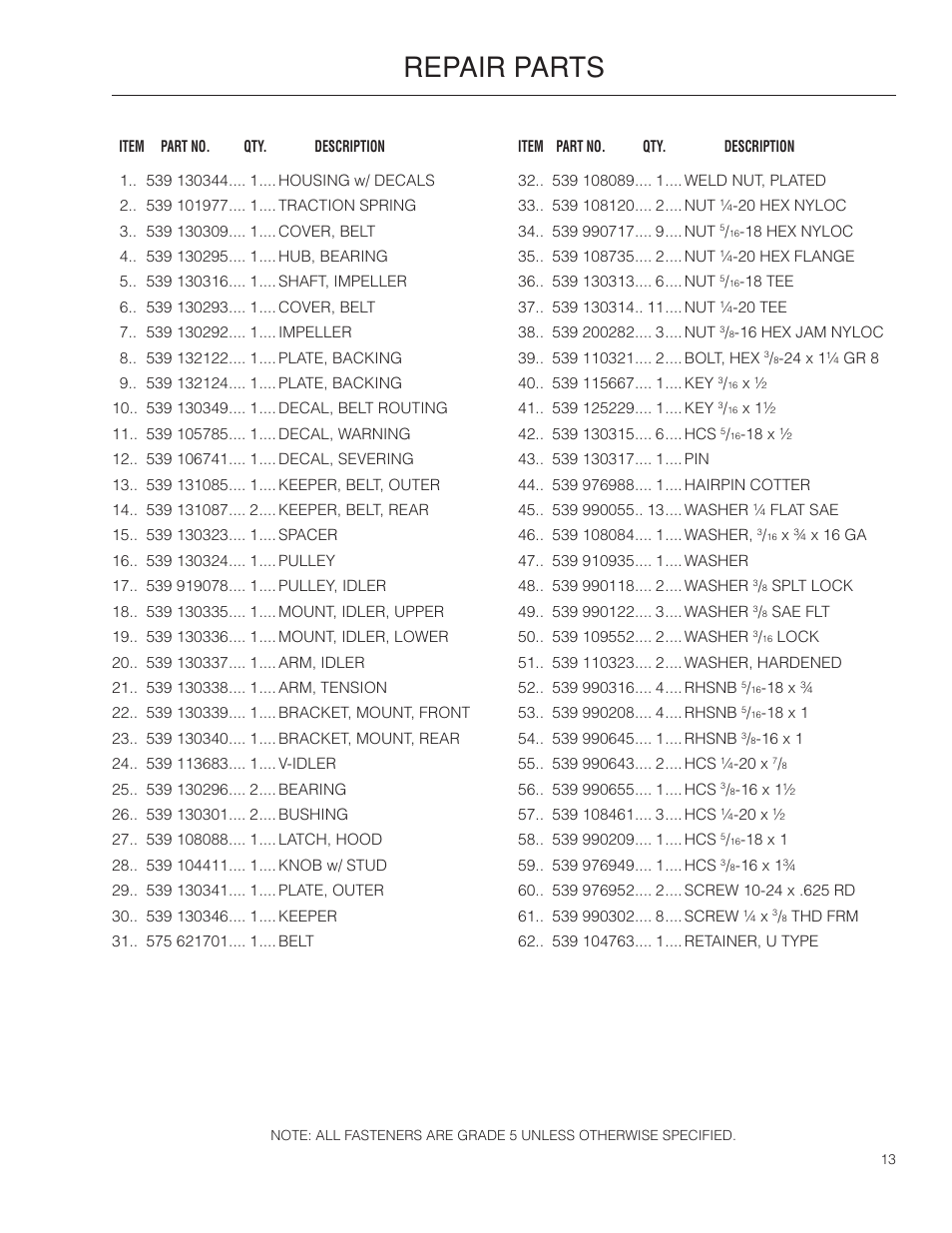 Repair parts | Husqvarna 966529103 User Manual | Page 13 / 20