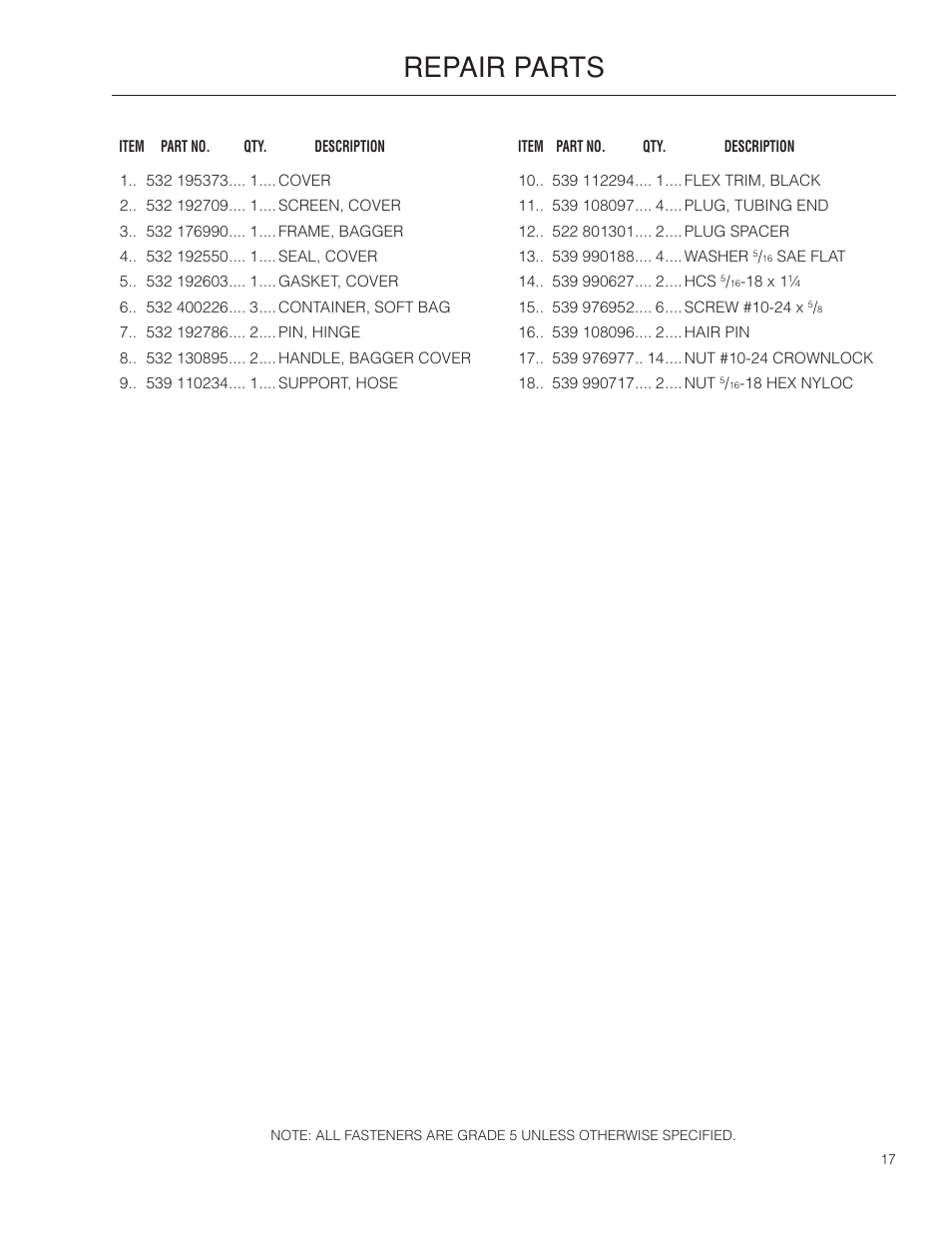 Repair parts | Husqvarna 966529103 User Manual | Page 17 / 20