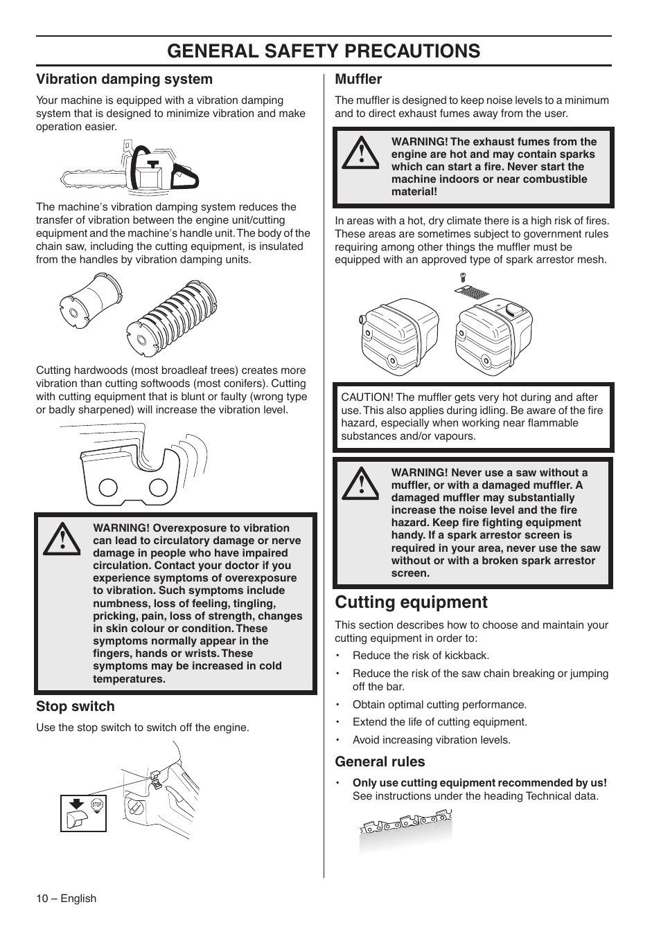 Vibration damping system, Stop switch, Muffler | Cutting equipment, General rules, General safety precautions | Husqvarna 345E User Manual | Page 10 / 44