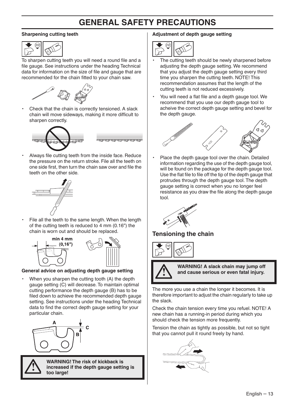 Tensioning the chain, General safety precautions | Husqvarna 345E User Manual | Page 13 / 44