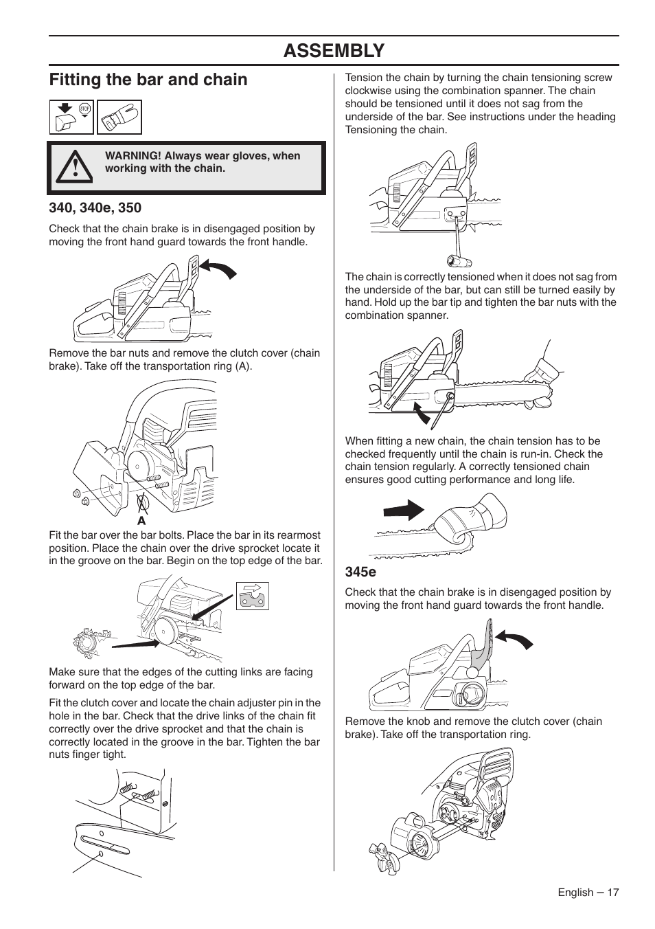 Fitting the bar and chain, 340, 340e, 350, 345e | Assembly | Husqvarna 345E User Manual | Page 17 / 44
