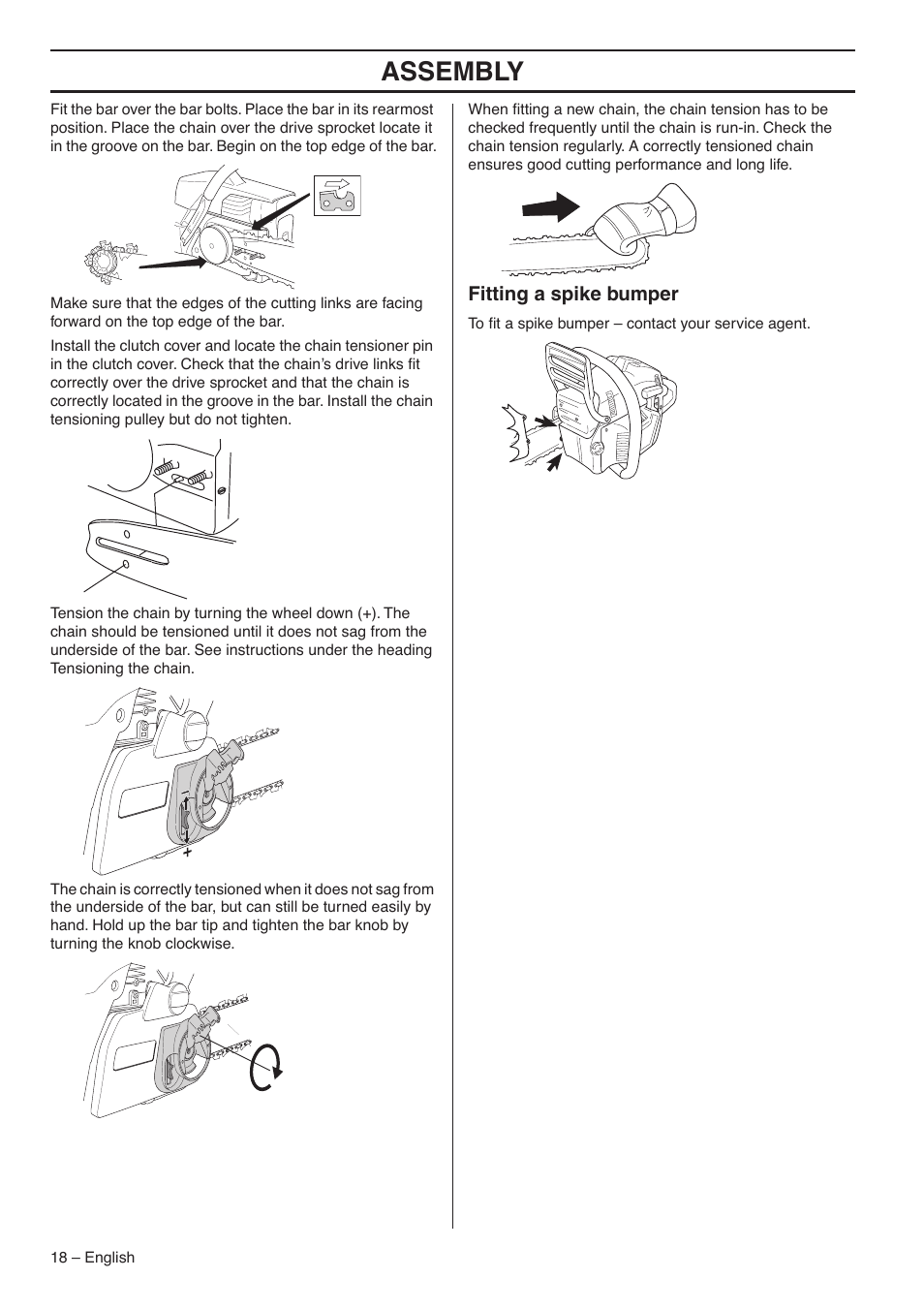 Fitting a spike bumper, Assembly | Husqvarna 345E User Manual | Page 18 / 44