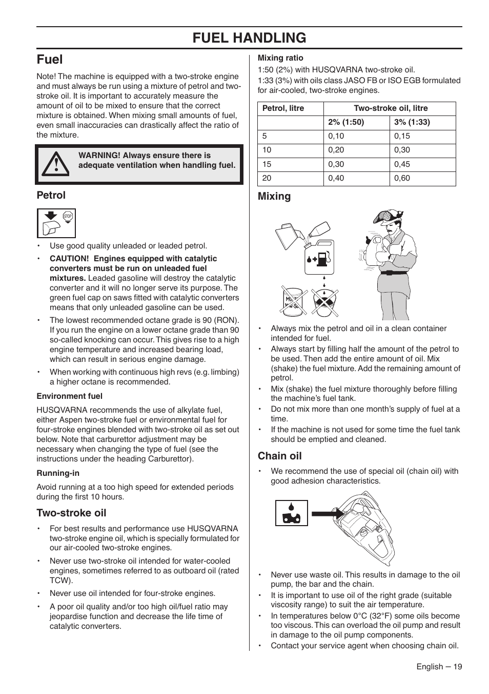 Fuel, Petrol, Two-stroke oil | Mixing, Chain oil, Fuel handling | Husqvarna 345E User Manual | Page 19 / 44