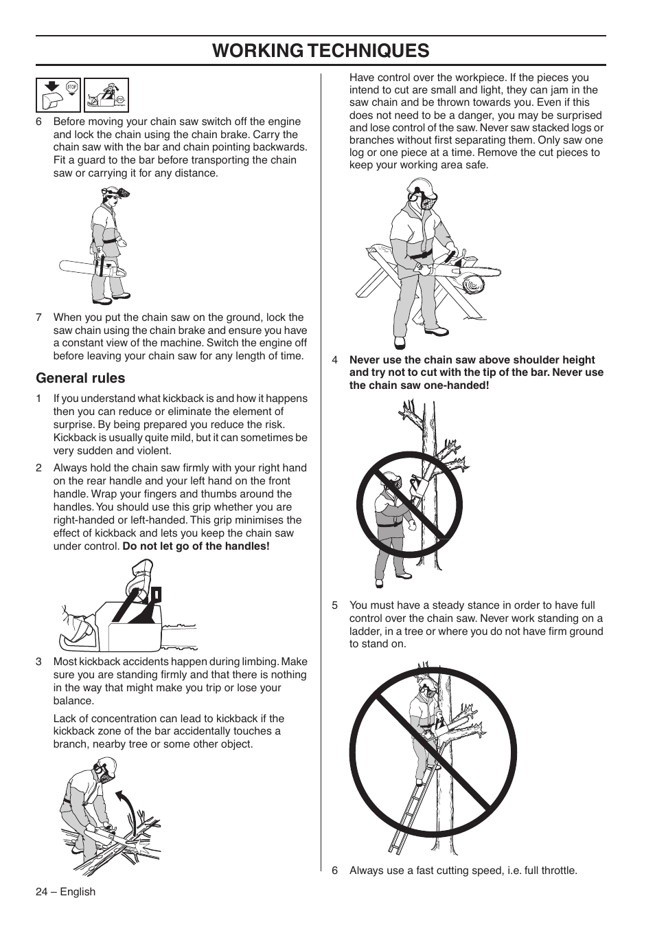 General rules, Working techniques | Husqvarna 345E User Manual | Page 24 / 44