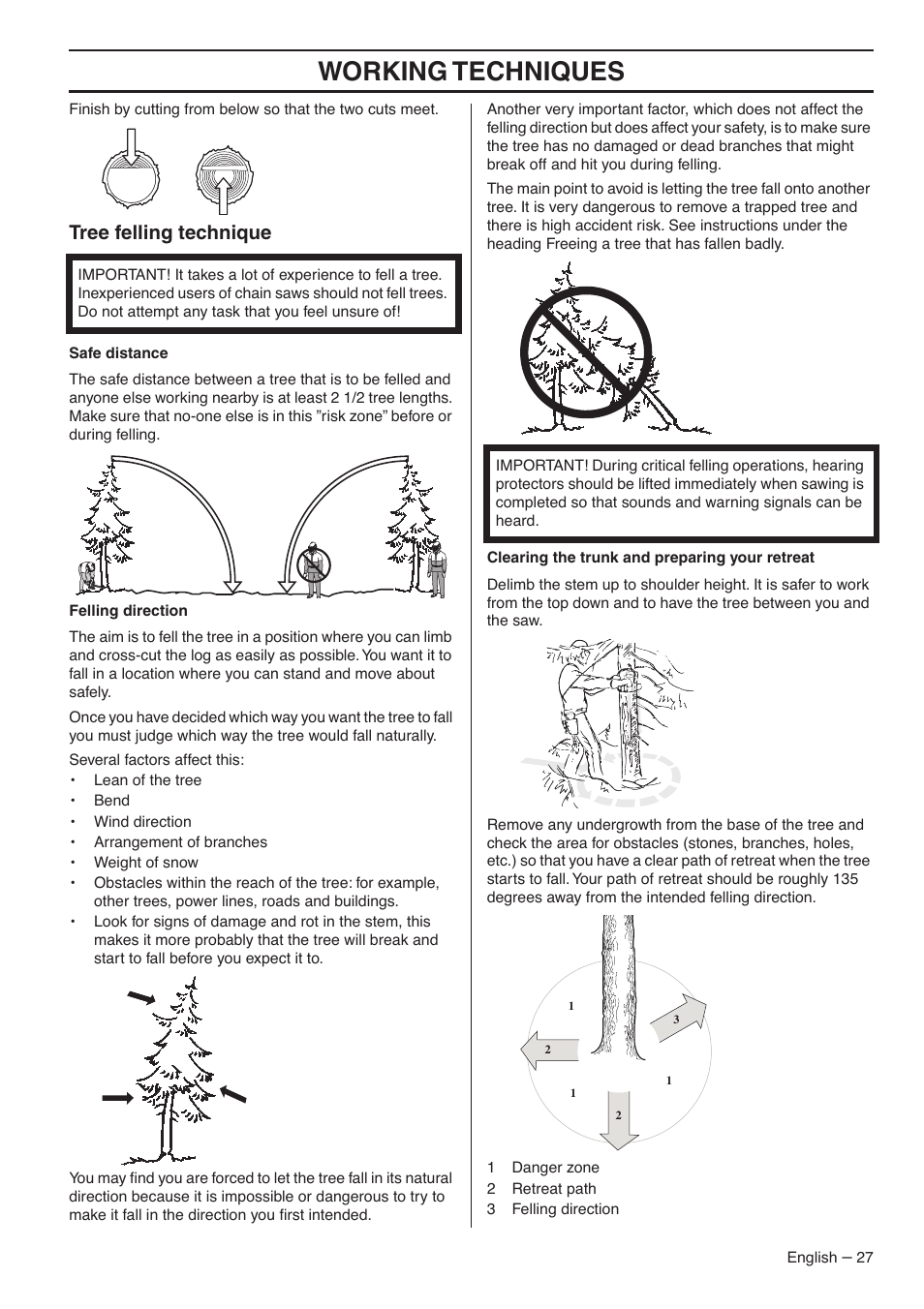 Tree felling technique, Working techniques | Husqvarna 345E User Manual | Page 27 / 44