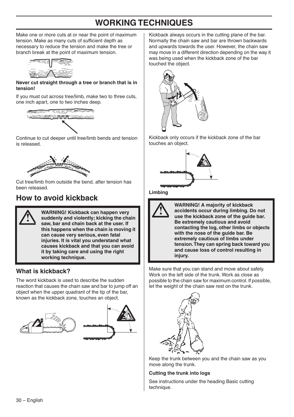 How to avoid kickback, What is kickback, Working techniques | Husqvarna 345E User Manual | Page 30 / 44