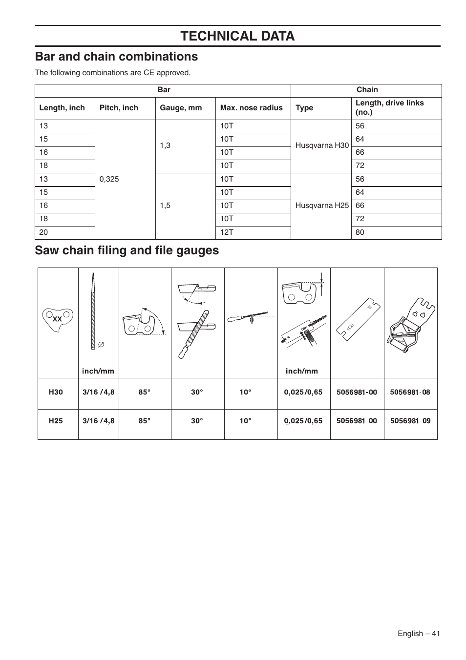 Bar and chain combinations, Saw chain filing and file gauges, Technical data | Husqvarna 345E User Manual | Page 41 / 44