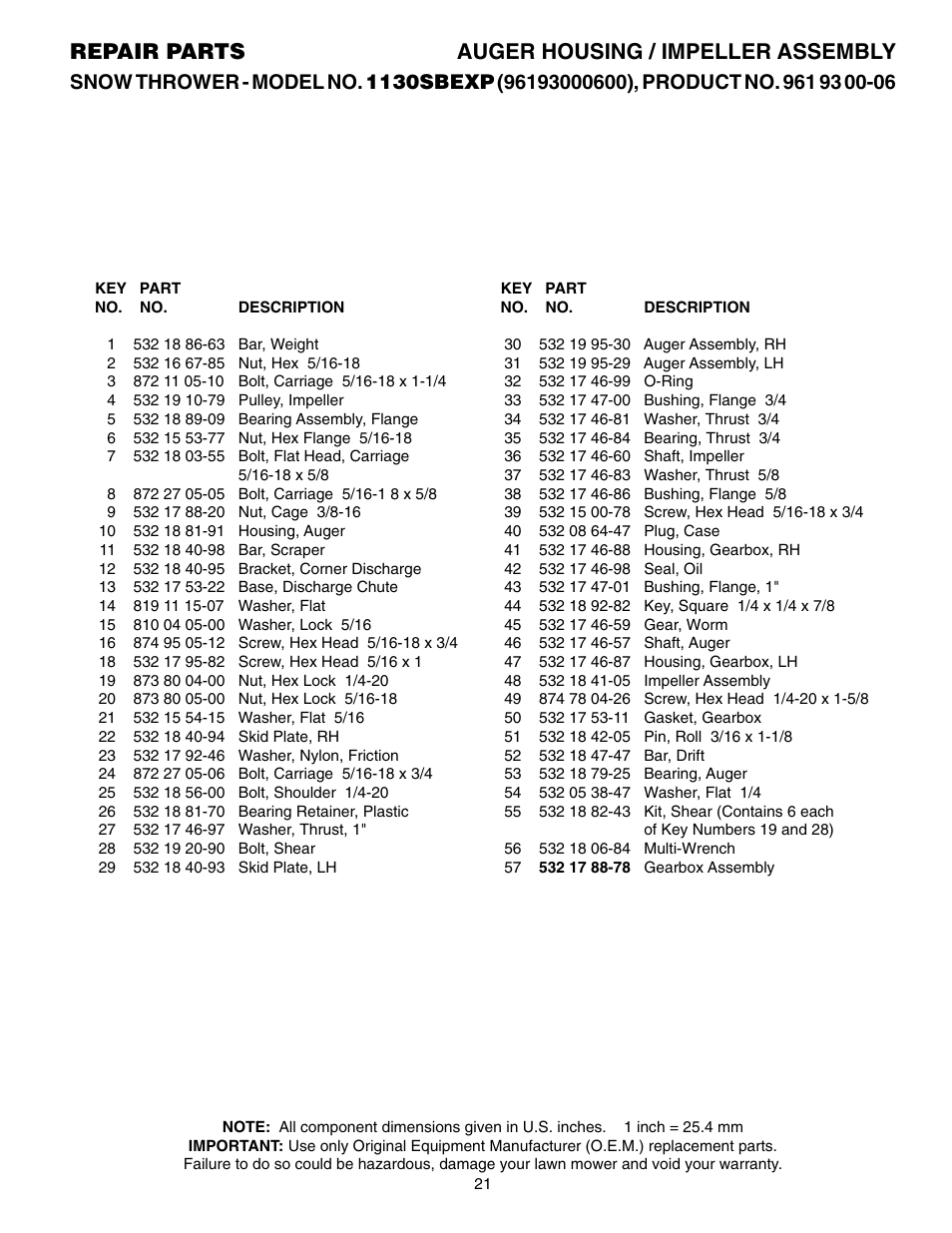 Parts list, Repair parts auger housing / impeller assembly | Husqvarna 1130 SBEXP User Manual | Page 21 / 32