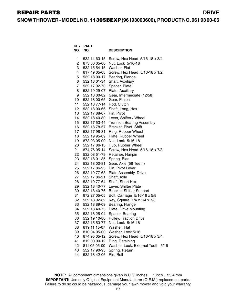 Parts list, Repair parts drive | Husqvarna 1130 SBEXP User Manual | Page 27 / 32