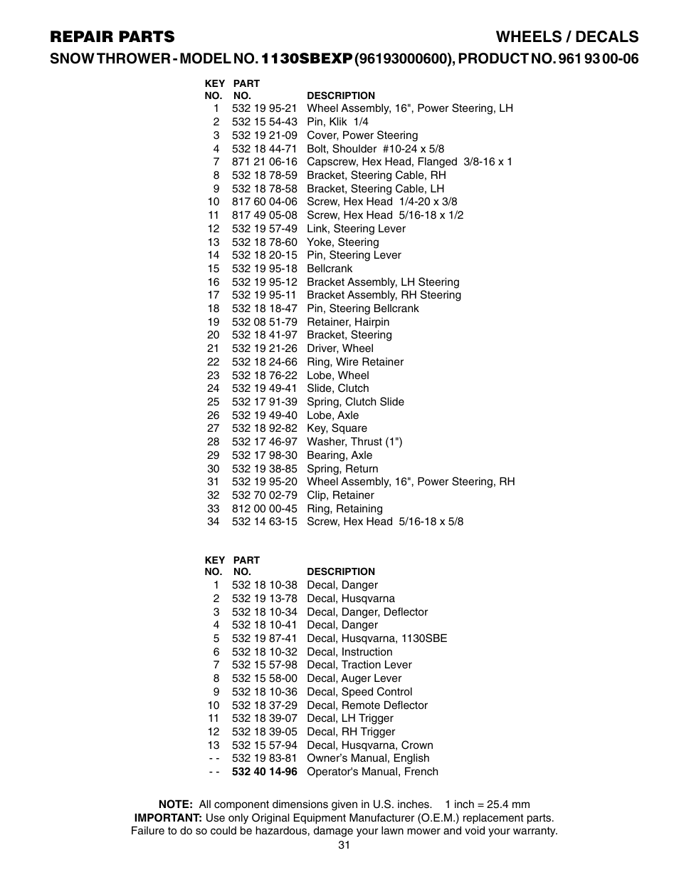 Parts list, Repair parts wheels / decals | Husqvarna 1130 SBEXP User Manual | Page 31 / 32