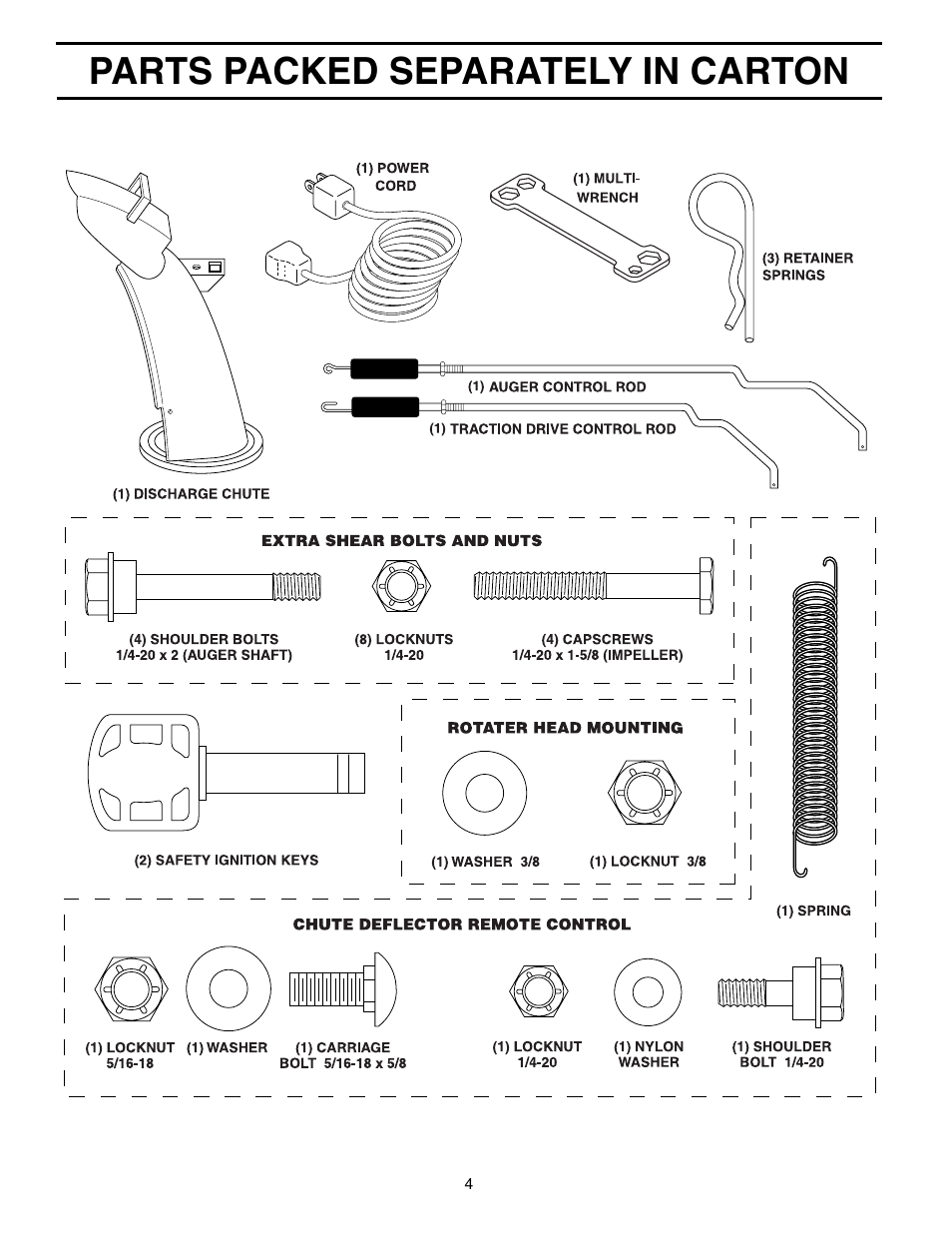 Unassembled parts, Parts packed separately in carton | Husqvarna 1130 SBEXP User Manual | Page 4 / 32