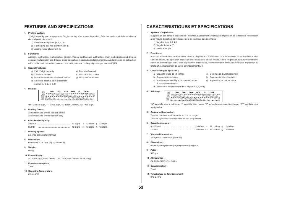 53 features and specifications, Caracteristiques et specifications | CITIZEN CX-121II User Manual | Page 54 / 64