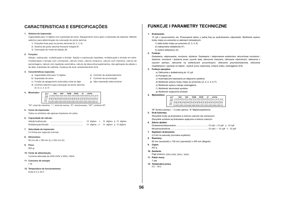 56 características e especificações, Funkcje i parametry techniczne | CITIZEN CX-121II User Manual | Page 57 / 64