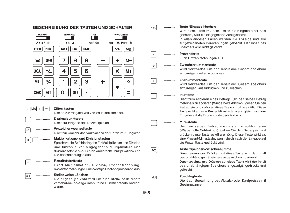 Beschreibung der tasten und schalter | CITIZEN CX-121II User Manual | Page 6 / 64