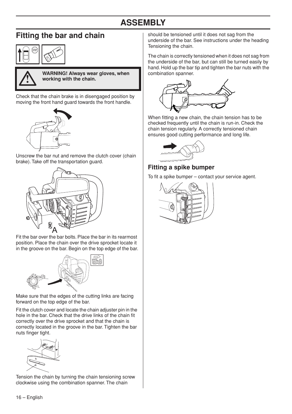 Fitting the bar and chain, Fitting a spike bumper, Assembly | Husqvarna 334T User Manual | Page 16 / 44