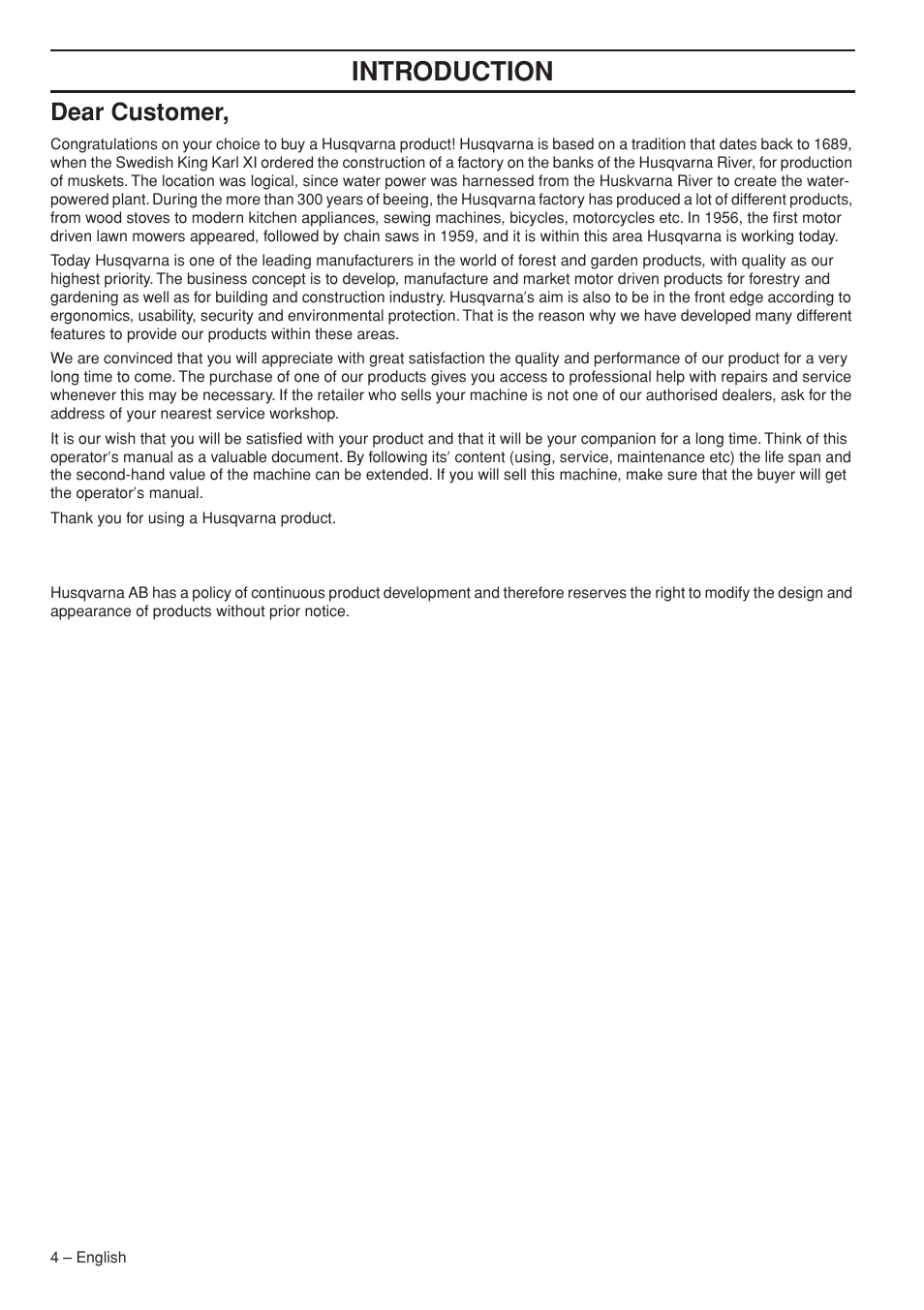 Dear customer, Intr oduction | Husqvarna 334T User Manual | Page 4 / 44