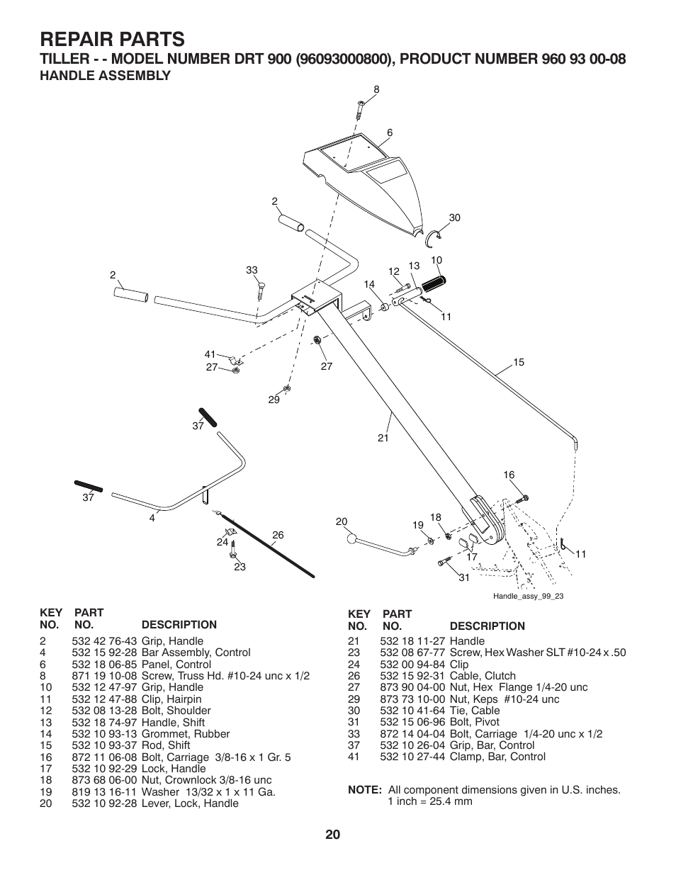 Repair parts, Handle assembly | Husqvarna DRT900 User Manual | Page 20 / 29