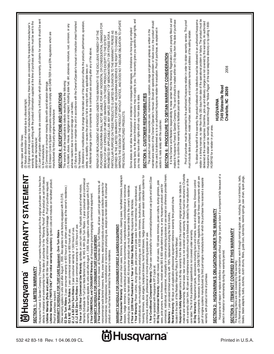 Warranty statement, Warranty st a tement | Husqvarna DRT900 User Manual | Page 29 / 29