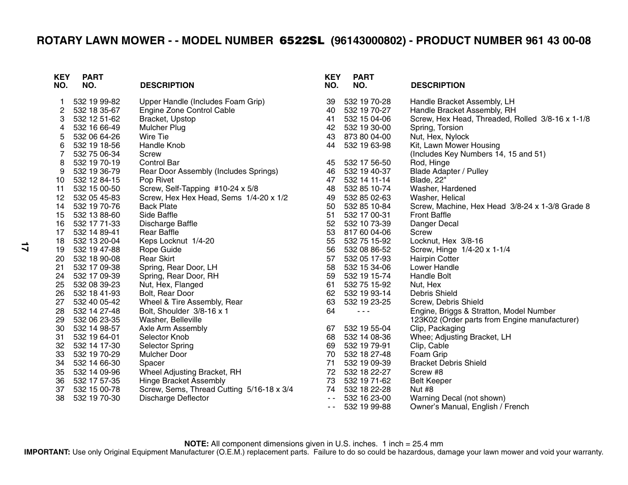 Parts list | Husqvarna 6522SL User Manual | Page 17 / 20