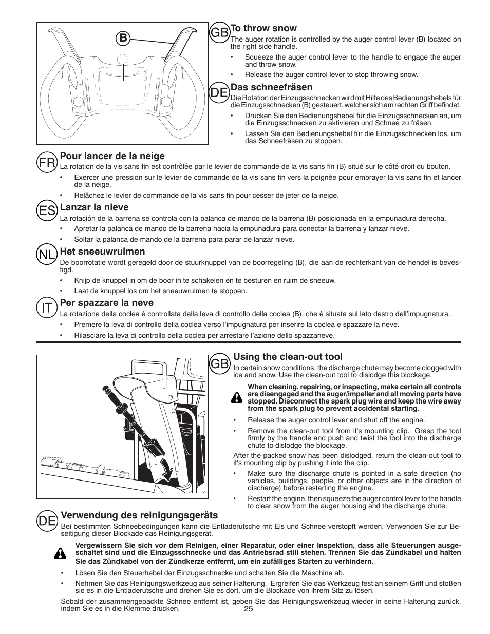 Pour lancer de la neige, Lanzar la nieve, Het sneeuwruimen | Per spazzare la neve, Das schneefräsen, Using the clean-out tool, Verwendung des reinigungsgeräts | Husqvarna ST261E User Manual | Page 25 / 64