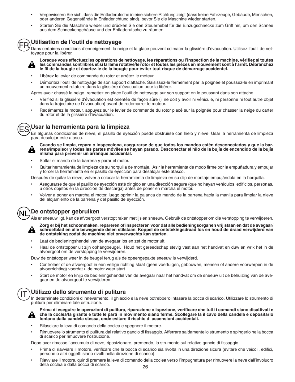 Utilisation de l’outil de nettoyage, Usar la herramienta para la limpieza, De ontstopper gebruiken | Utilizzo dello strumento di pulitura | Husqvarna ST261E User Manual | Page 26 / 64