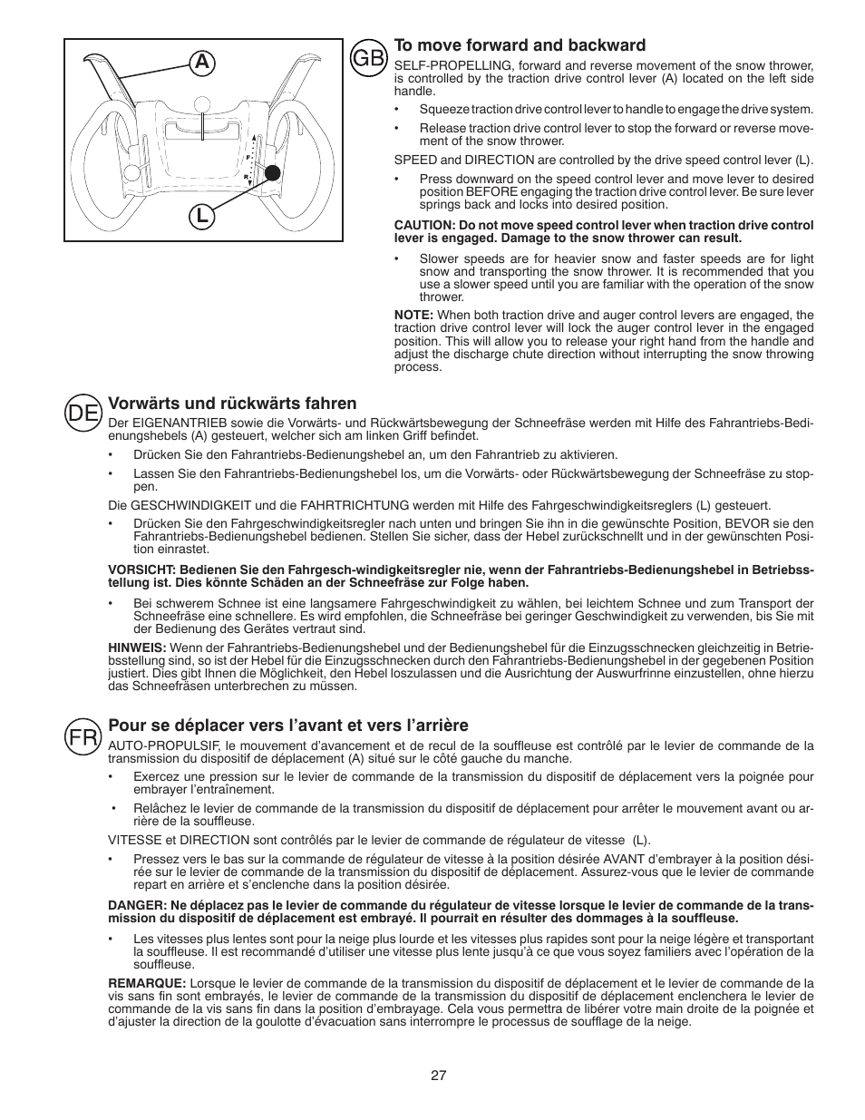 Vorwärts und rückwärts fahren, Pour se déplacer vers l’avant et vers l’arrière | Husqvarna ST261E User Manual | Page 27 / 64