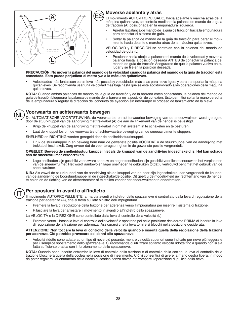 Moverse adelante y atrás, Voorwaarts en achterwaarts bewegen, Per spostarsi in avanti o all’indietro | Husqvarna ST261E User Manual | Page 28 / 64