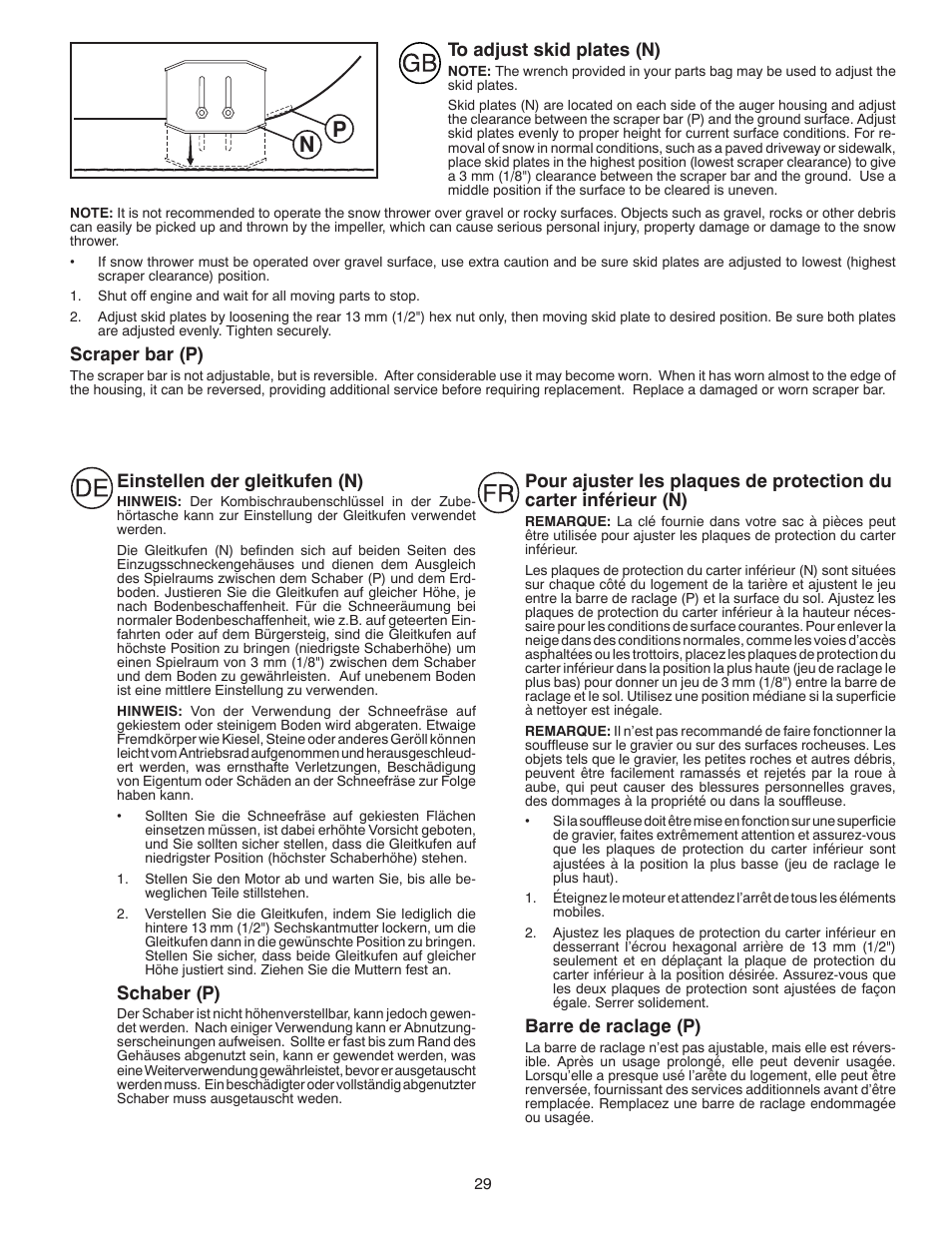 Scraper bar (p), Einstellen der gleitkufen (n), Schaber (p) | Barre de raclage (p) | Husqvarna ST261E User Manual | Page 29 / 64