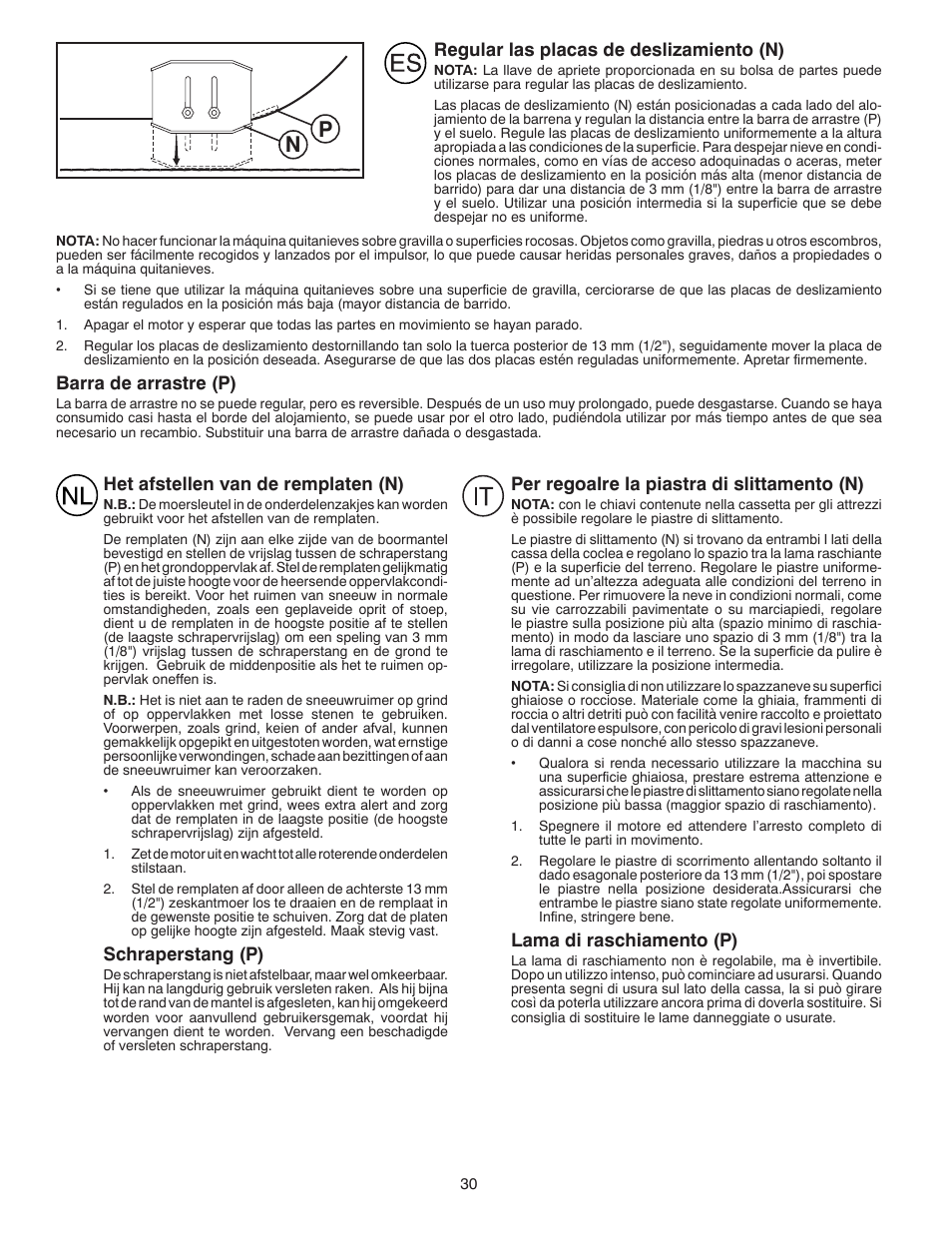 Regular las placas de deslizamiento (n), Barra de arrastre (p), Het afstellen van de remplaten (n) | Schraperstang (p), Per regoalre la piastra di slittamento (n), Lama di raschiamento (p) | Husqvarna ST261E User Manual | Page 30 / 64