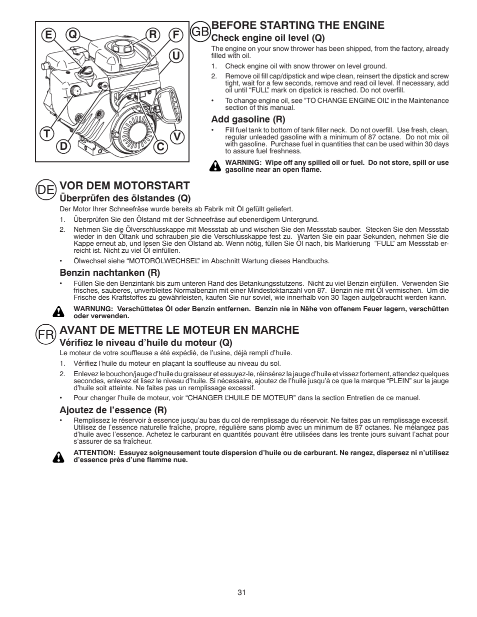 Before starting the engine, Avant de mettre le moteur en marche | Husqvarna ST261E User Manual | Page 31 / 64