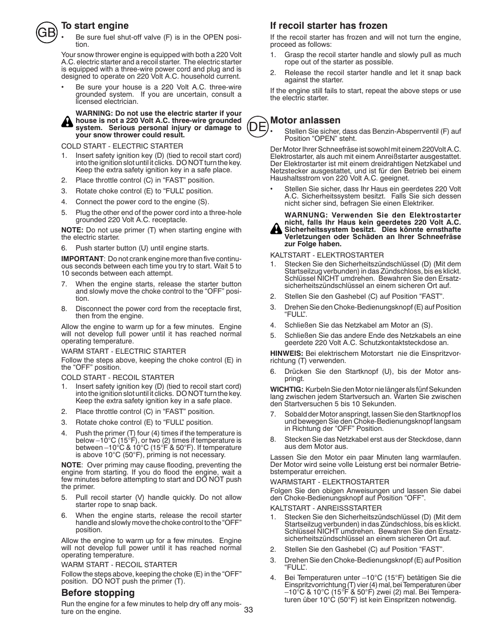 Before stopping, If recoil starter has frozen, Motor anlassen | Husqvarna ST261E User Manual | Page 33 / 64