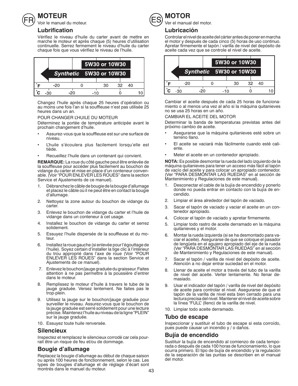 Moteur, Motor, Lubrification | Silencieux, Bougie d’allumage, Lubricación, Tubo de escape, Bujía de encendido | Husqvarna ST261E User Manual | Page 43 / 64