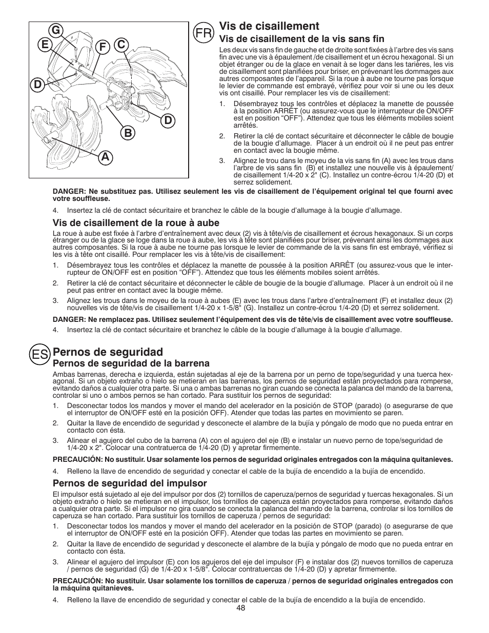 Vis de cisaillement, Pernos de seguridad | Husqvarna ST261E User Manual | Page 48 / 64