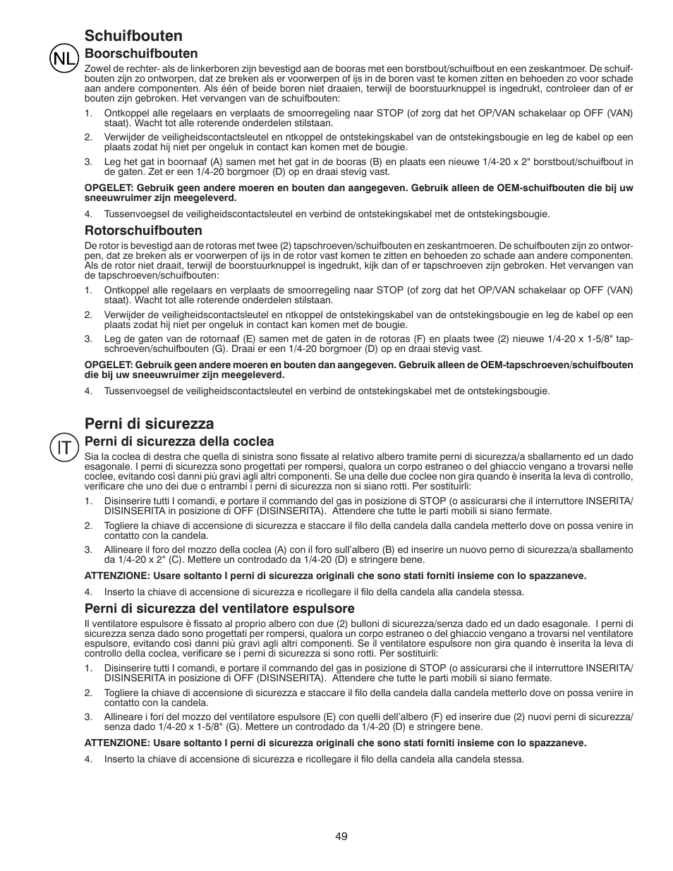Schuifbouten, Perni di sicurezza | Husqvarna ST261E User Manual | Page 49 / 64