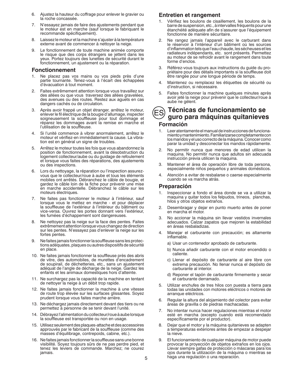 Fonctionnement, Entretien et rangement, Formación | Preparación | Husqvarna ST261E User Manual | Page 5 / 64