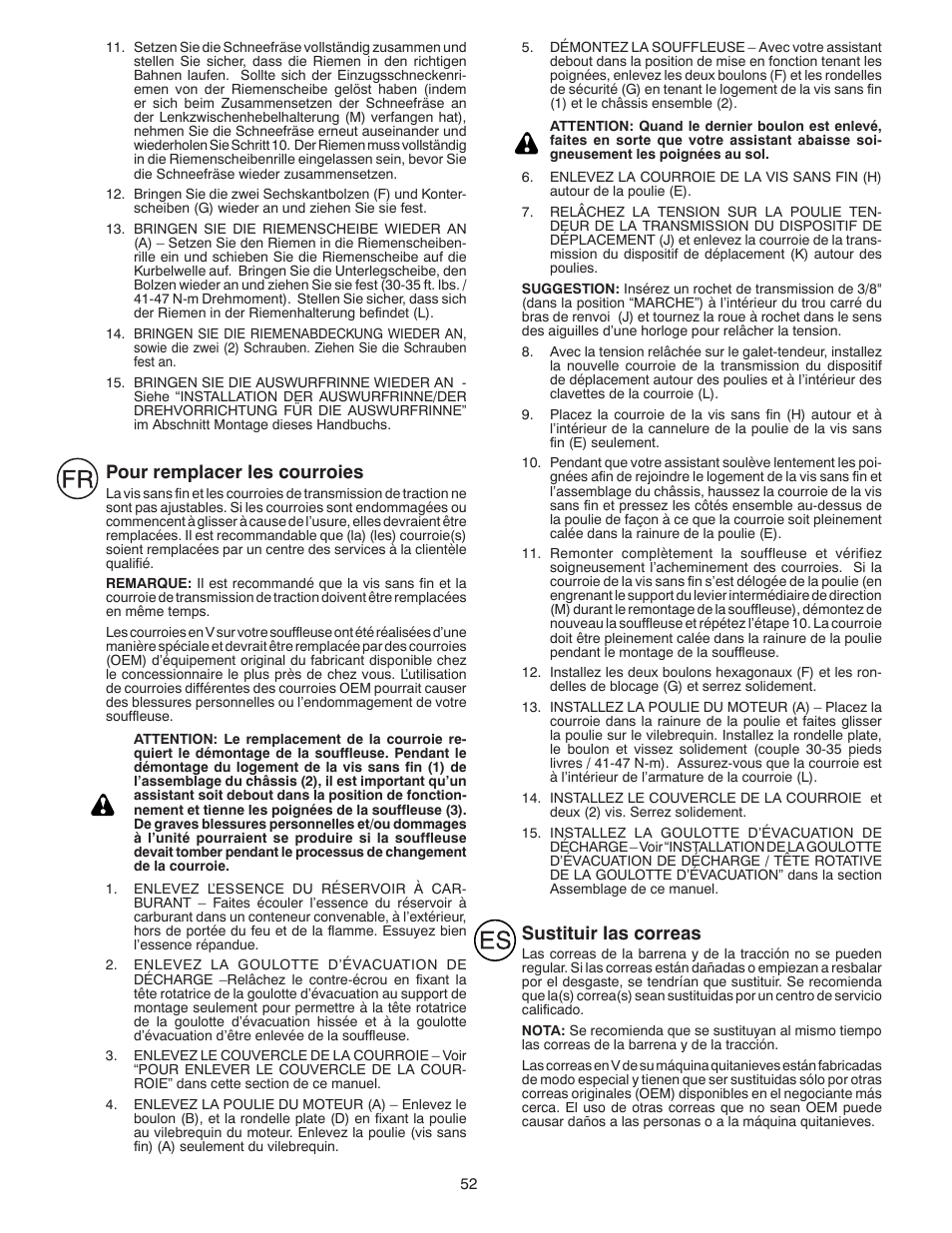 Pour remplacer les courroies, Sustituir las correas | Husqvarna ST261E User Manual | Page 52 / 64