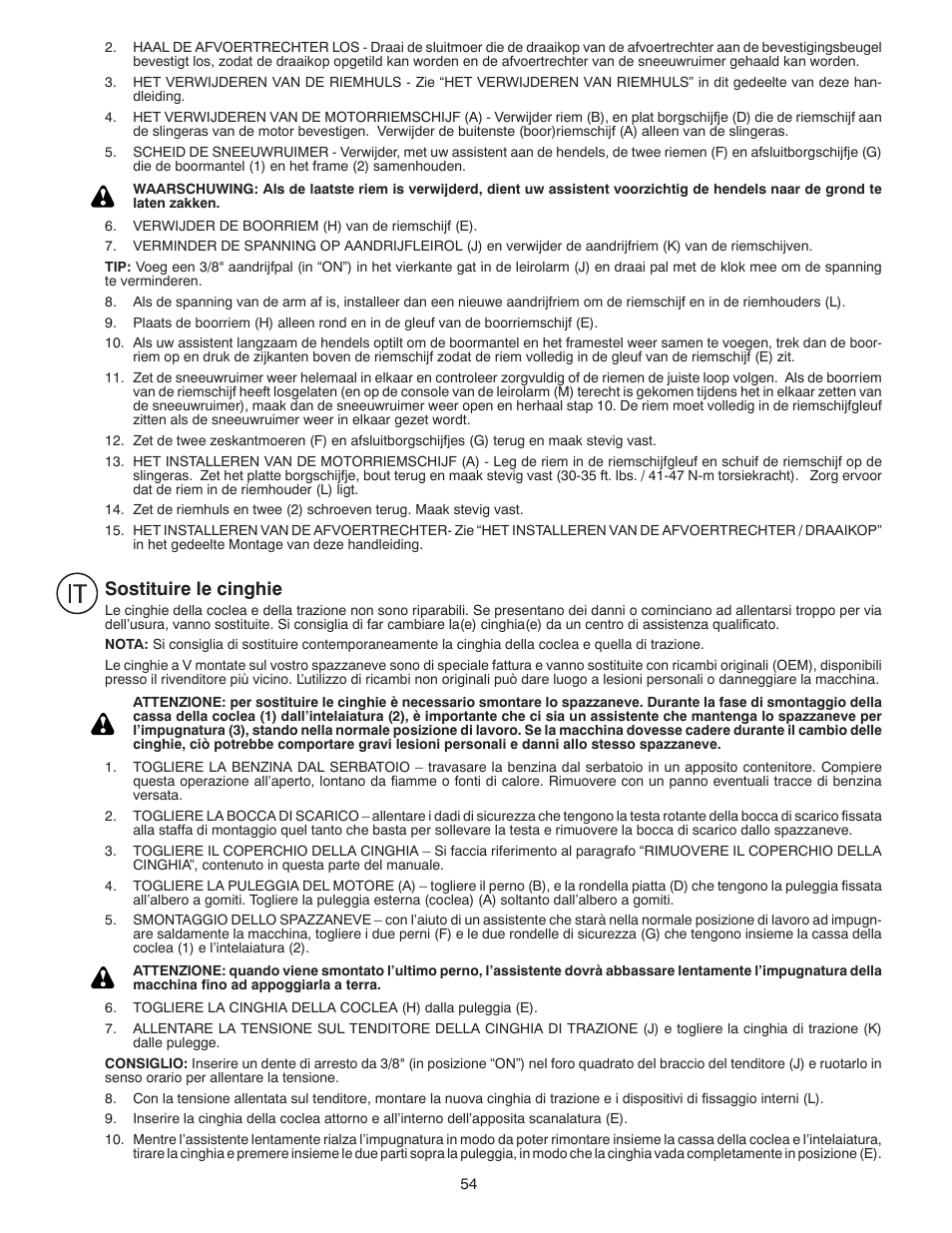 Sostituire le cinghie | Husqvarna ST261E User Manual | Page 54 / 64
