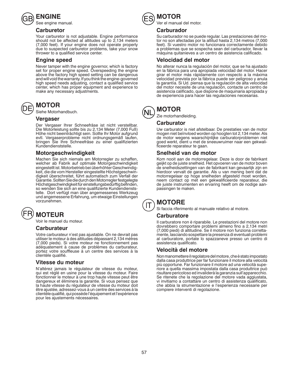 Engine, Motor, Moteur | Motore | Husqvarna ST261E User Manual | Page 57 / 64