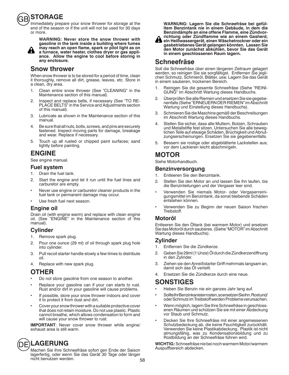 Storage, Snow thrower, Engine | Other, Lagerung, Schneefräse, Motor, Sonstiges | Husqvarna ST261E User Manual | Page 58 / 64