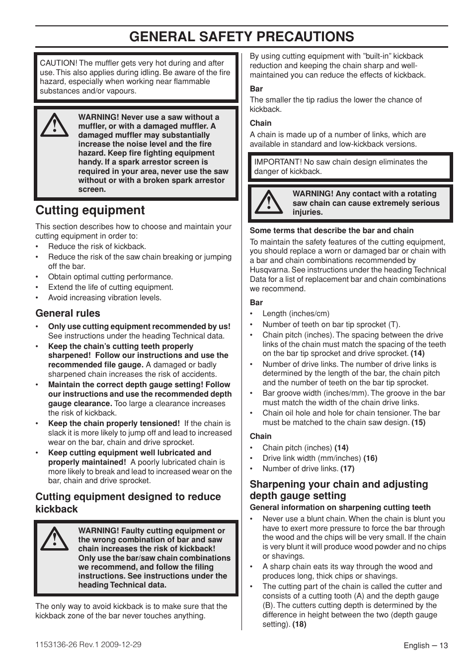 Cutting equipment, General rules, Cutting equipment designed to reduce kickback | General safety precautions | Husqvarna 1153136-26 User Manual | Page 13 / 36