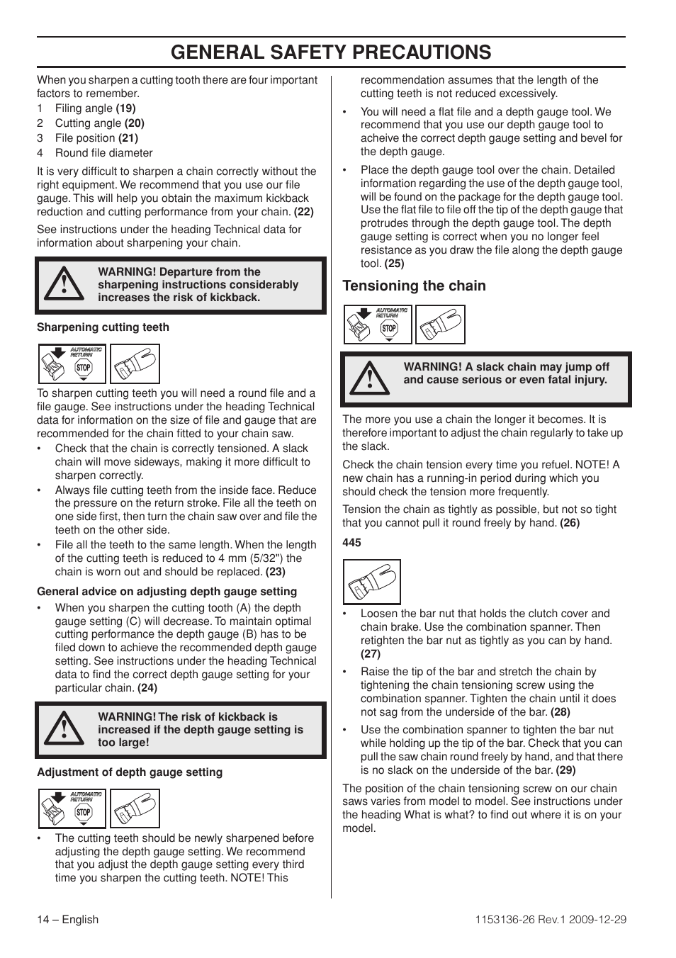Tensioning the chain, General safety precautions | Husqvarna 1153136-26 User Manual | Page 14 / 36