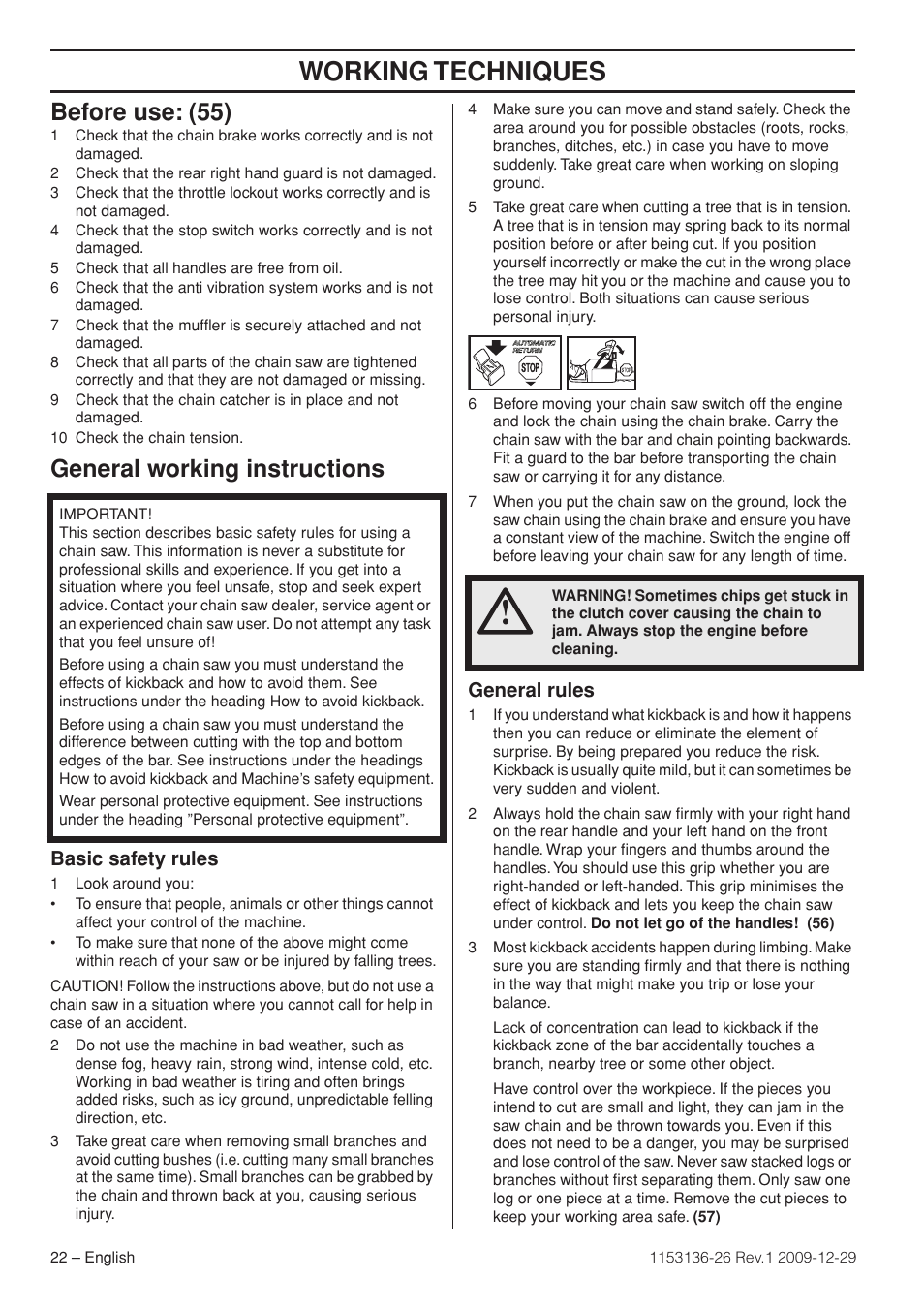 Before use: (55), General working instructions, Basic safety rules | General rules, Working techniques | Husqvarna 1153136-26 User Manual | Page 22 / 36